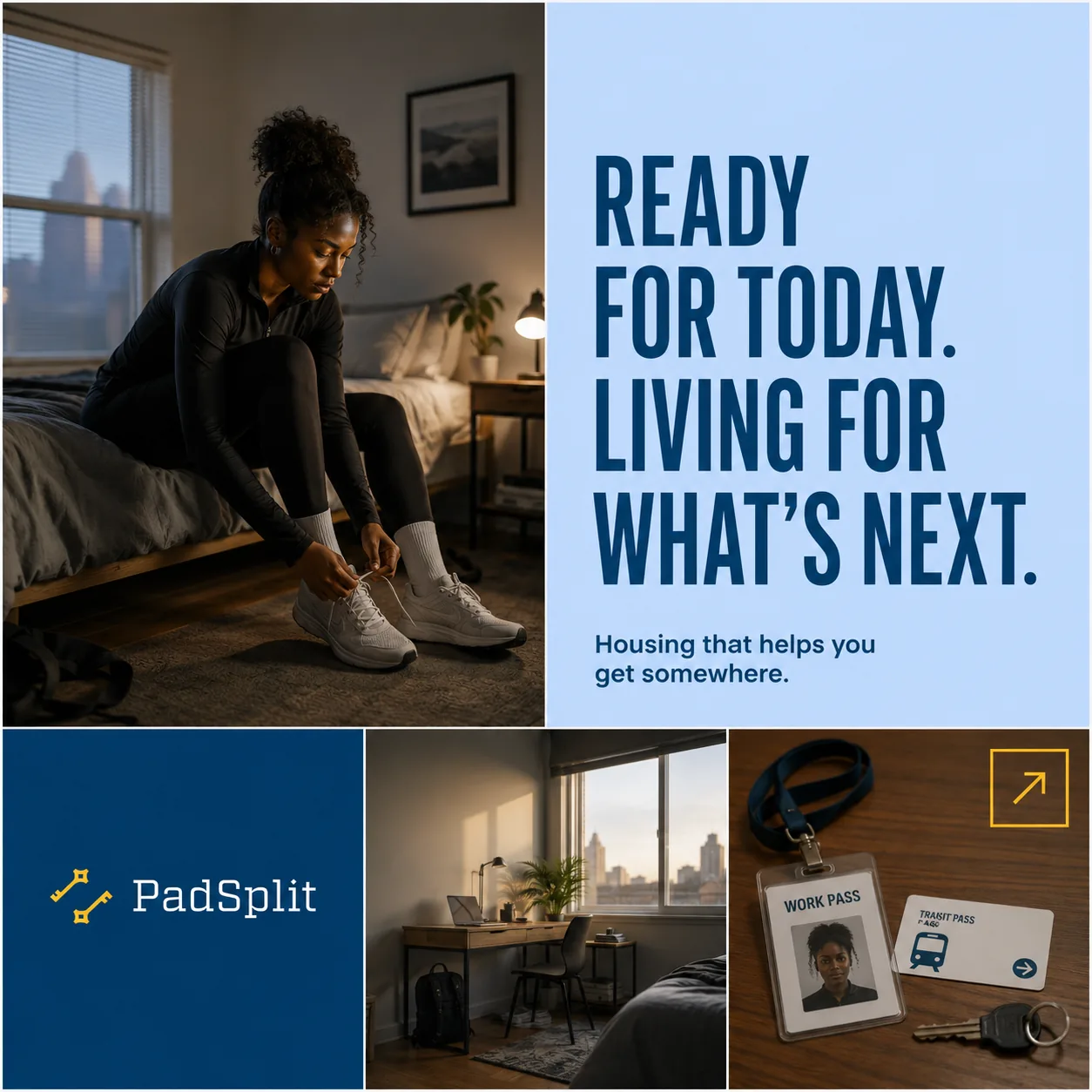 Living for what&rsquo;s next ad, square: a woman sits on the edge of her bed tying her trainers, beside rooms holding a desk by the window and a work pass with keys. The line reads &ldquo;Ready for today. Living for what&rsquo;s next.&rdquo;