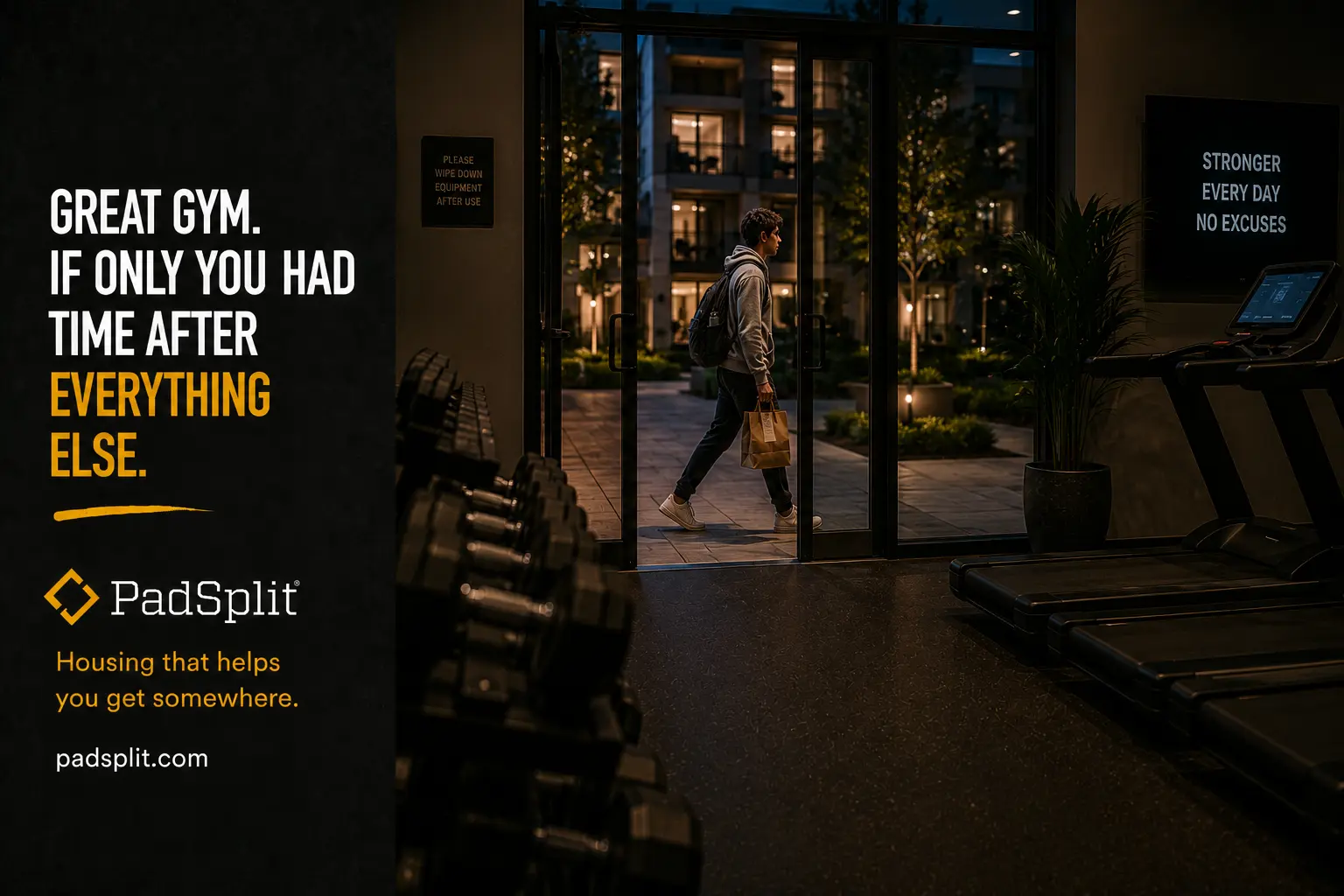 PadSplit gym ad, version one: an amenity you help pay for but rarely reach.