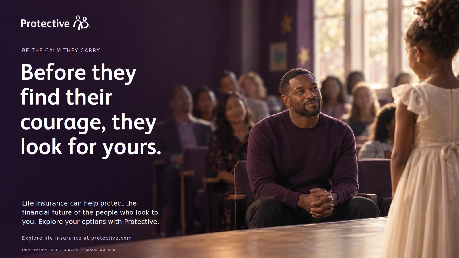 Widescreen advertisement, exploratory expression: the same recital photograph across the frame with the headline Before they find their courage, they look for yours. set large over a dark purple field, the campaign line Be the calm they carry and two lines of body copy.