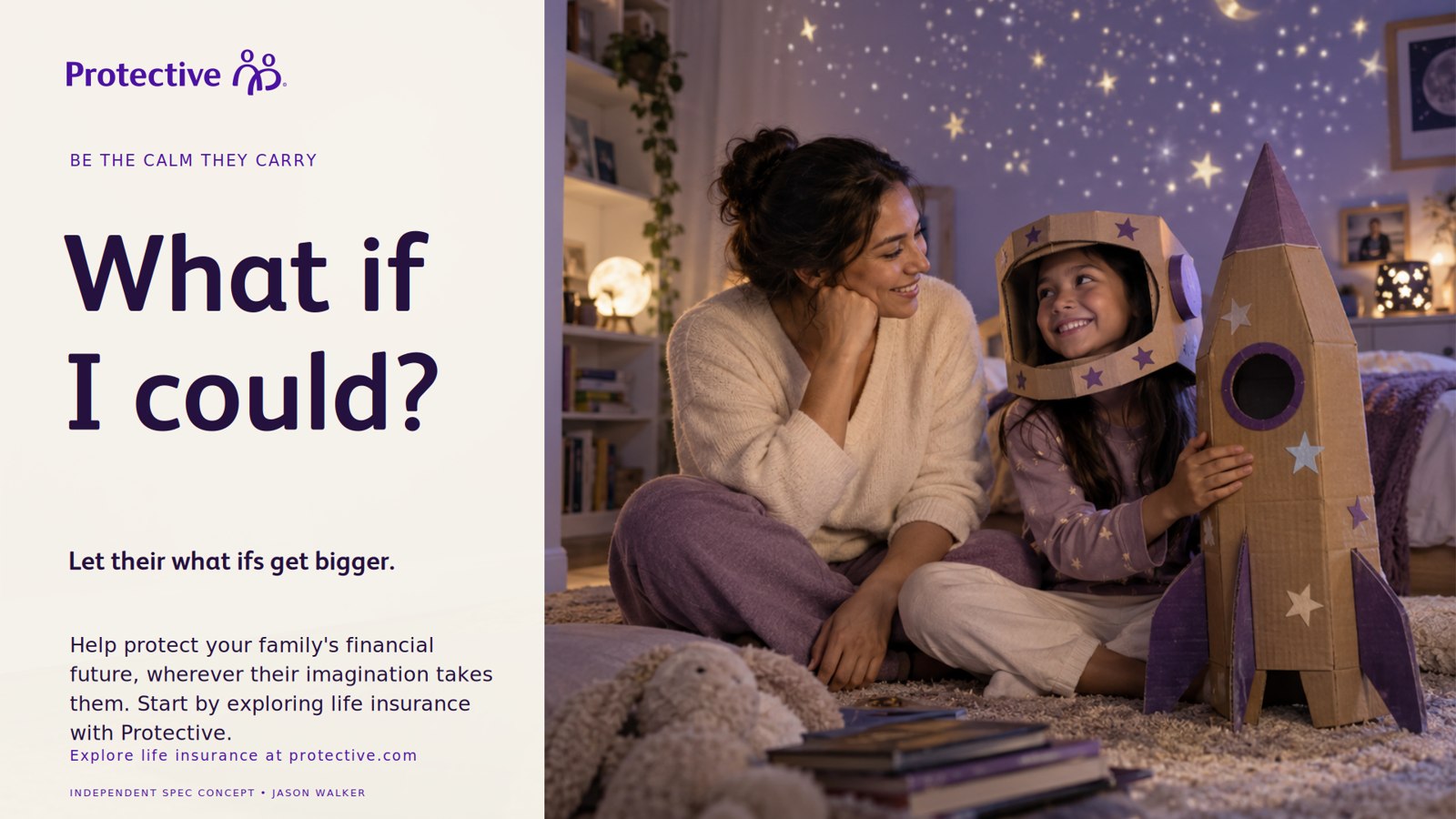 Widescreen advertisement, exploratory expression: a warm cream panel with the headline What if I could? and the line Let their what ifs get bigger., beside the same photograph of the mother, daughter and cardboard rocket.