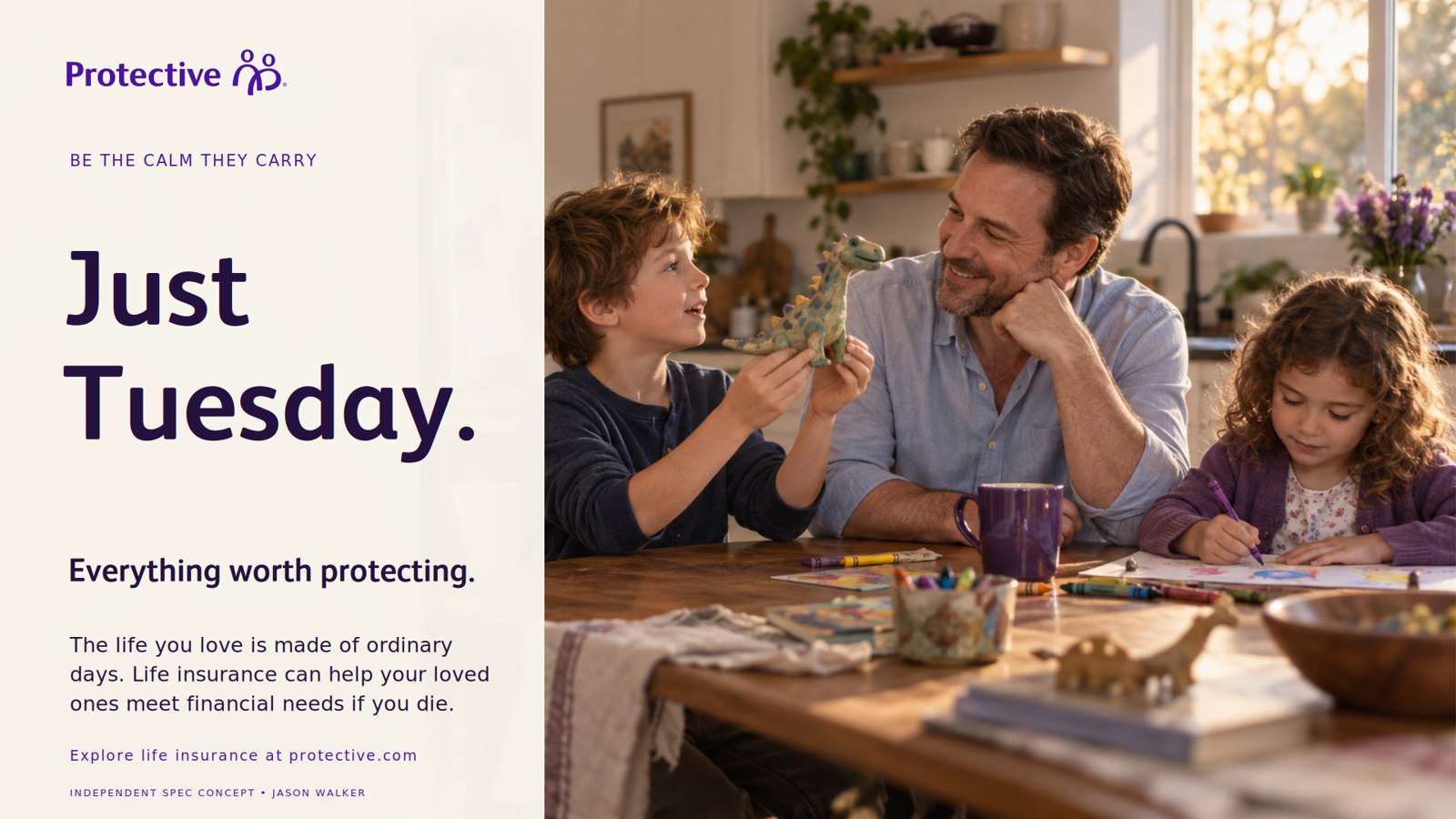 Widescreen advertisement, exploratory expression: a cream panel with the headline Just Tuesday. and the line Everything worth protecting., beside the same kitchen-table photograph.