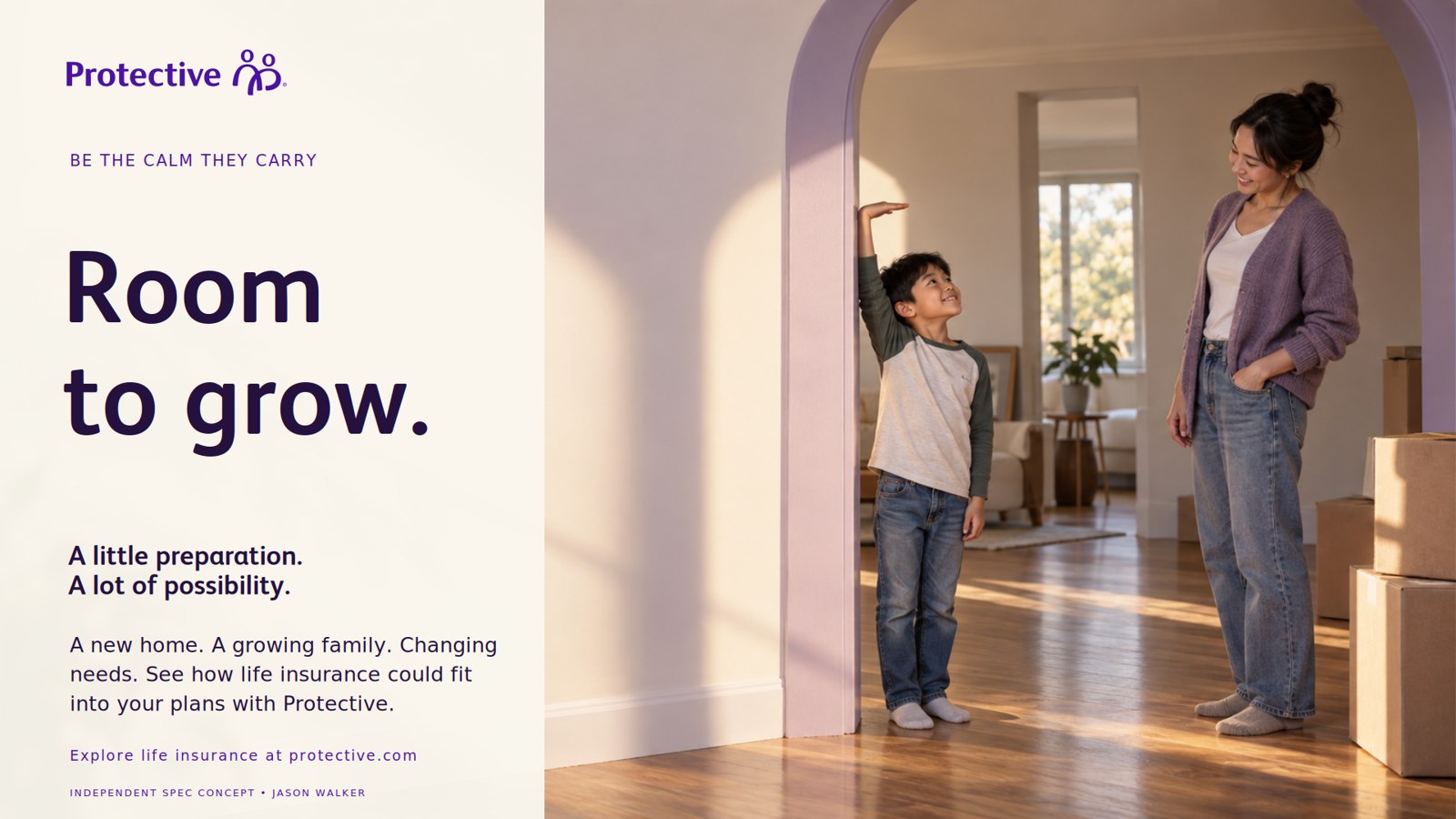 Widescreen advertisement, exploratory expression: a cream panel with the headline Room to grow. and the line A little preparation. A lot of possibility., beside the same archway photograph.
