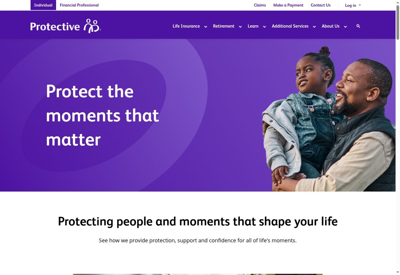 Protective's public homepage as observed: a purple field with the headline Protect the moments that matter beside a photograph of a father holding his daughter, and below it the line Protecting people and moments that shape your life.