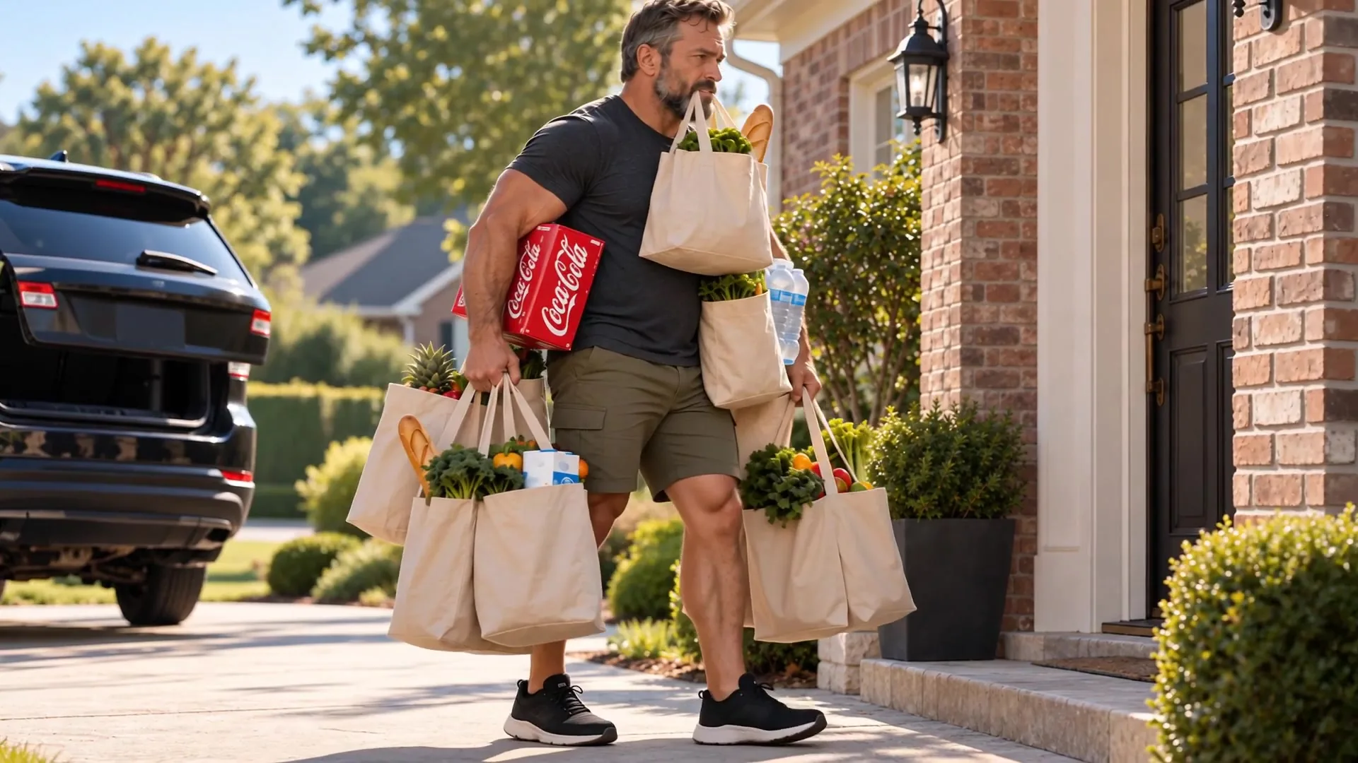 One Trip, a Black Forest Serious Creatine commercial: a man carries every grocery bag from the car in one trip: poster