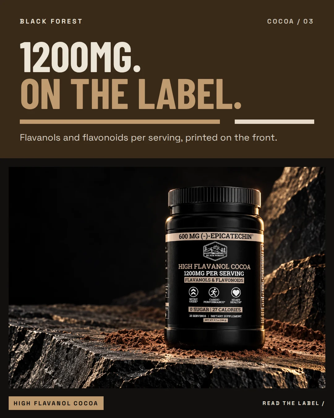 Black Forest High Flavanol Cocoa ad 03. Headline: 1200MG. On the label. Support: Flavanols and flavonoids per serving, printed on the front.