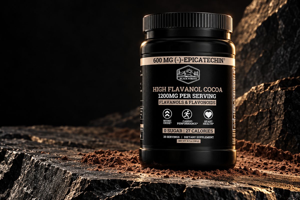 High Flavanol Cocoa on dark stone, lit from the side. The label as sold.