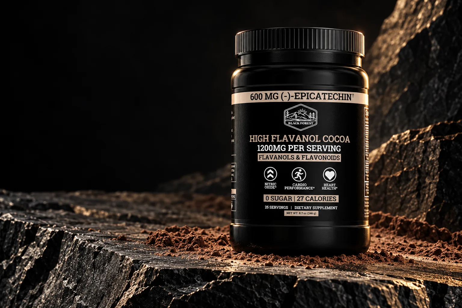 High Flavanol Cocoa on dark stone, lit from the side