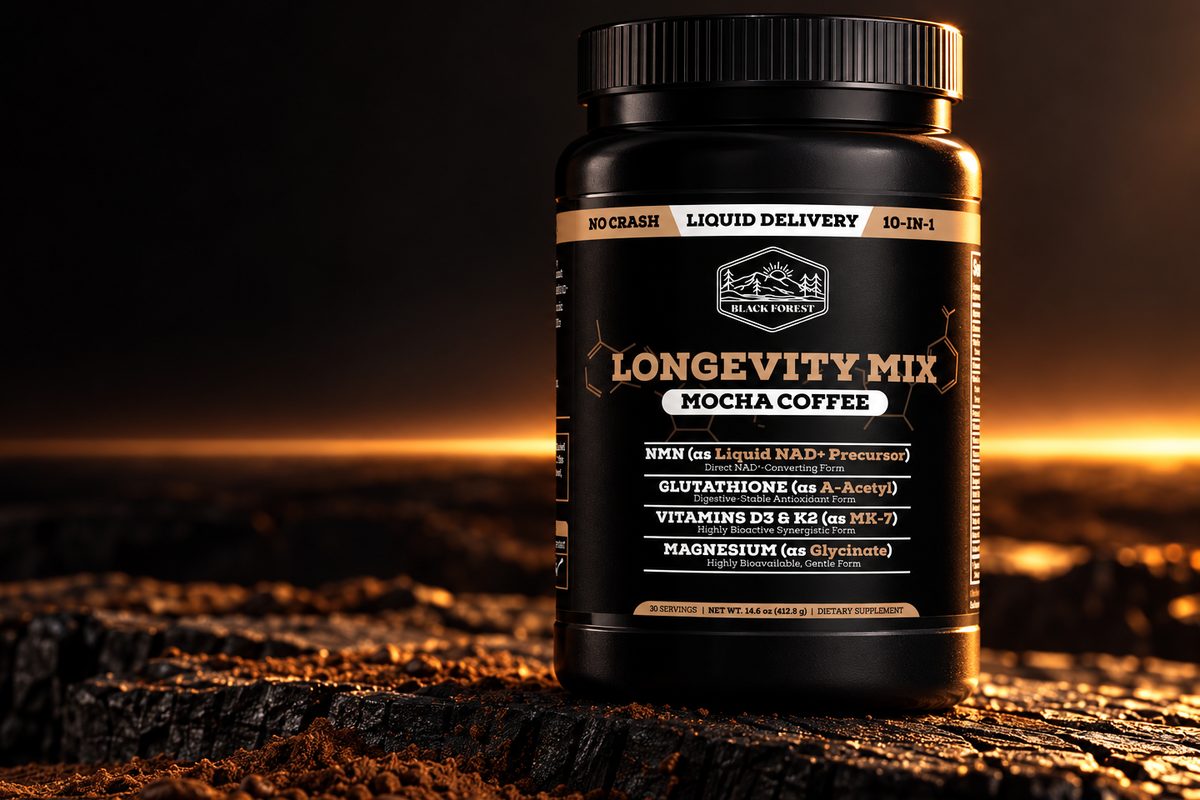 Longevity Coffee on dark stone, lit from the side. The label as sold.