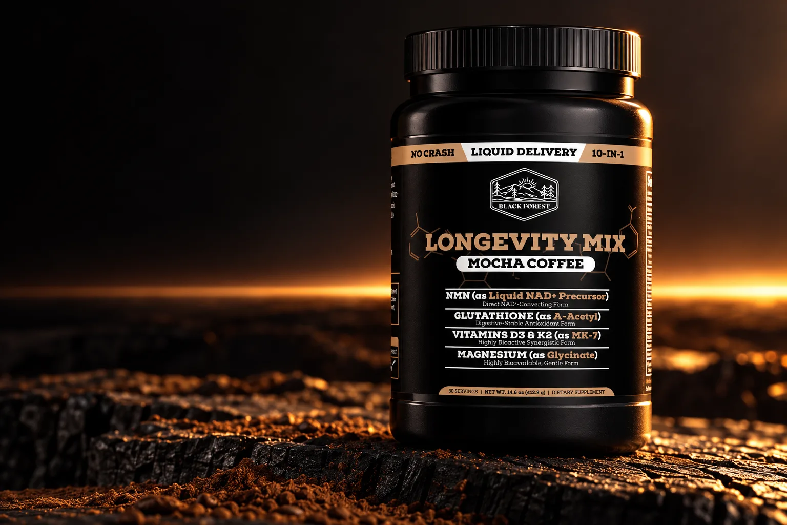 Longevity Coffee on dark stone, lit from the side