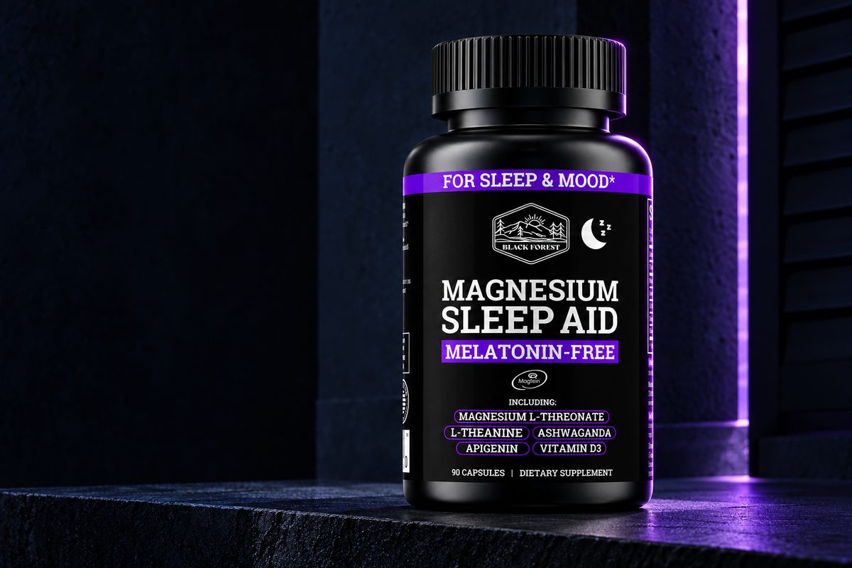 Magnesium Sleep Aid on dark stone, lit from the side. The label as sold.