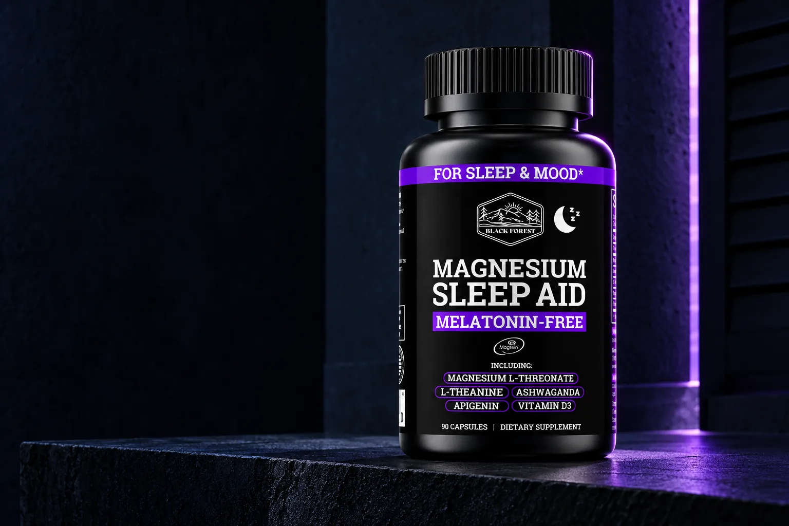 Magnesium Sleep Aid on dark stone, lit from the side