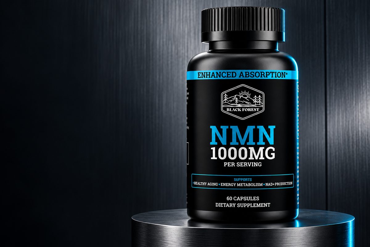 NMN 1000MG on dark stone, lit from the side. The label as sold.