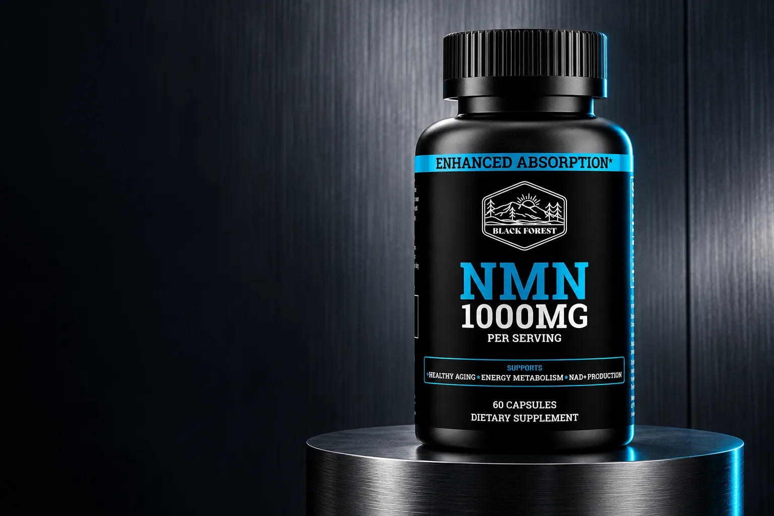NMN 1000MG on dark stone, lit from the side