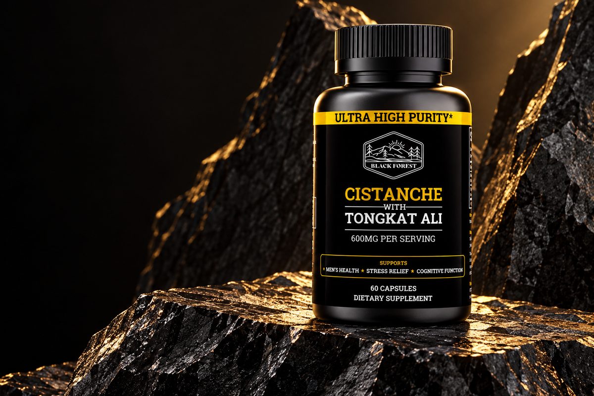 Cistanche + Tongkat Ali on dark stone, lit from the side. The label as sold.