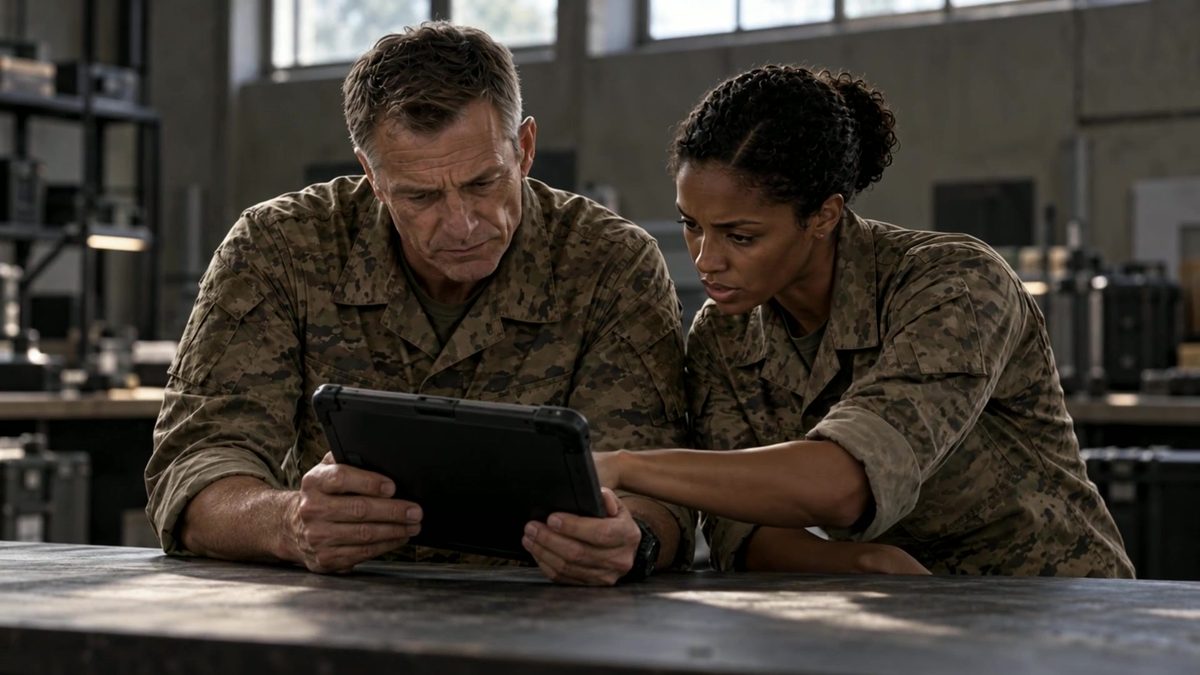 Two planners in an operations room read one tablet together.