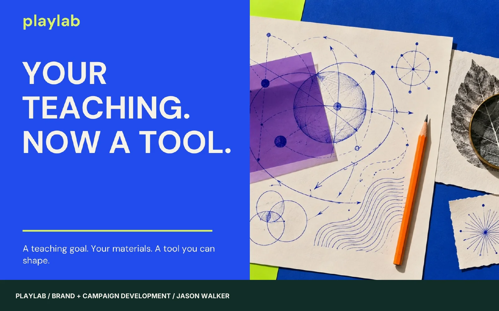 Playlab brand and campaign guide, page 1: the cover: the headline in cobalt beside the acetate flat-lay