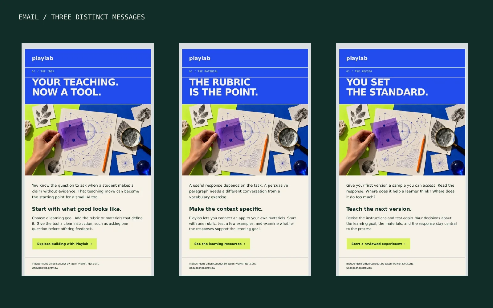 Playlab brand and campaign guide, page 5: the three emails