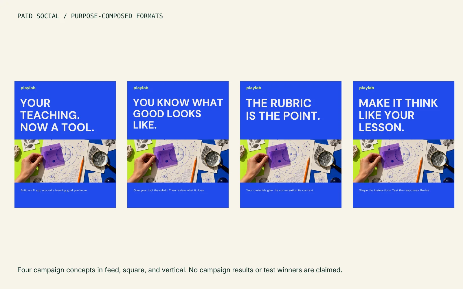 Playlab brand and campaign guide, page 6: the four paid social concepts