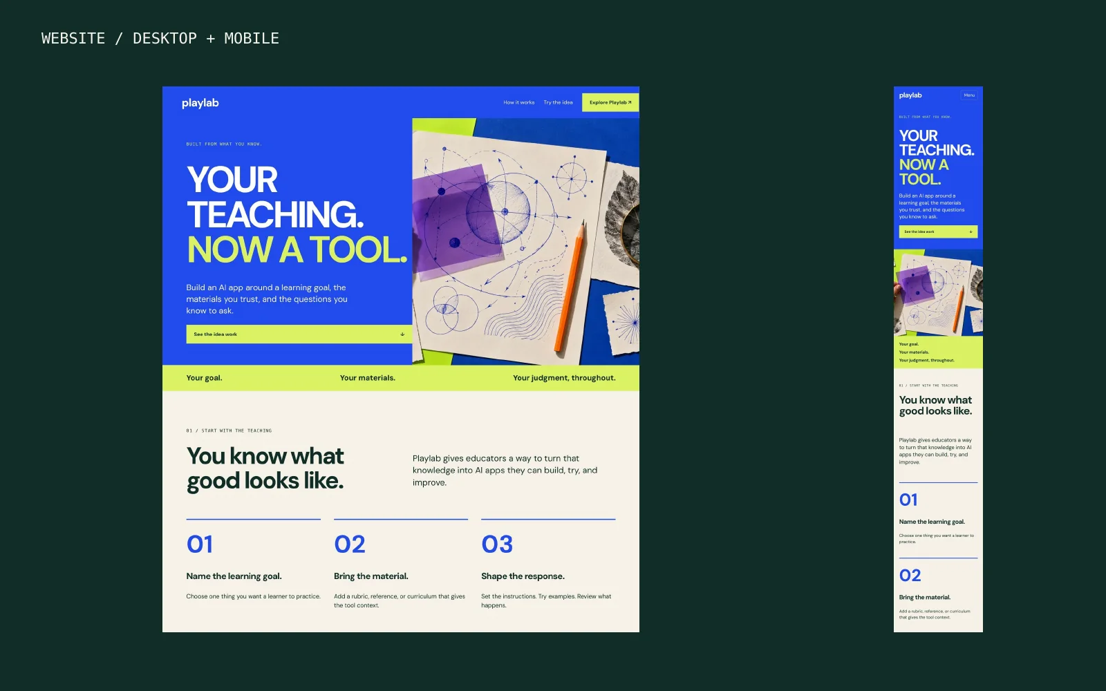 Playlab brand and campaign guide, page 7: the campaign page on a desktop and a phone