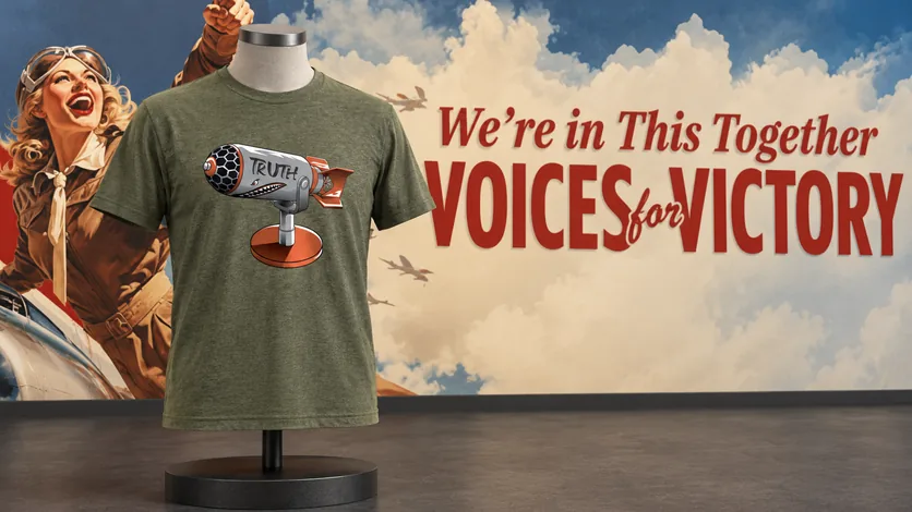 The olive Truthbomb T-shirt on a display form, in front of a backdrop adapted from the We’re in This Together design