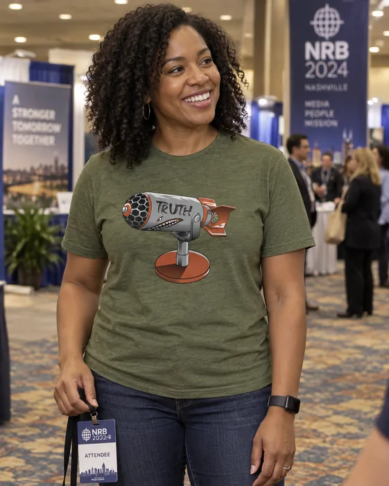 The olive Truthbomb T-shirt worn on the convention floor, the microphone-bomb graphic printed large across the chest