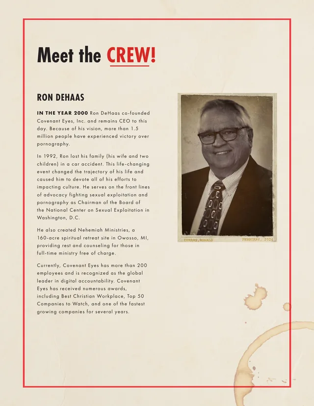 Page 3: Meet the crew, a profile page with portrait, quote and contact line
