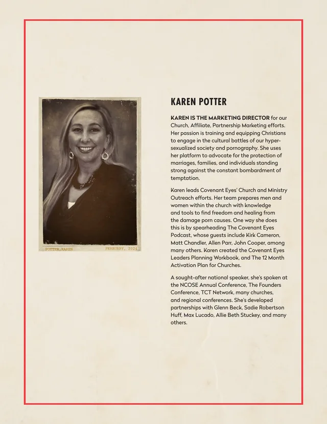 Page 4: a profile page with portrait, quote and contact line