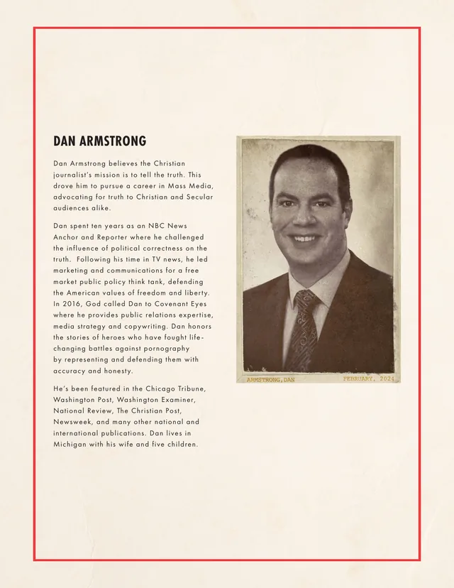 Page 5: a profile page with portrait, quote and contact line