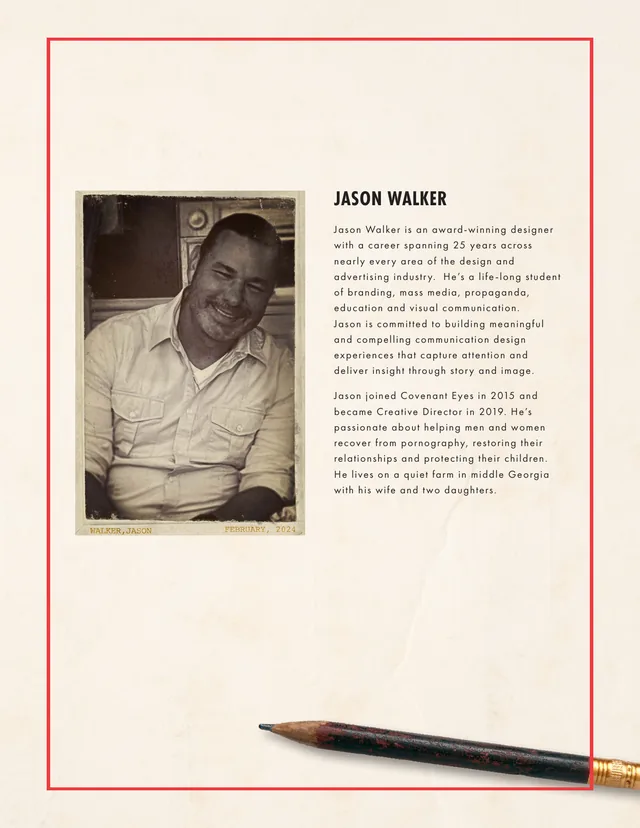 Page 6: a profile page with portrait, quote and contact line