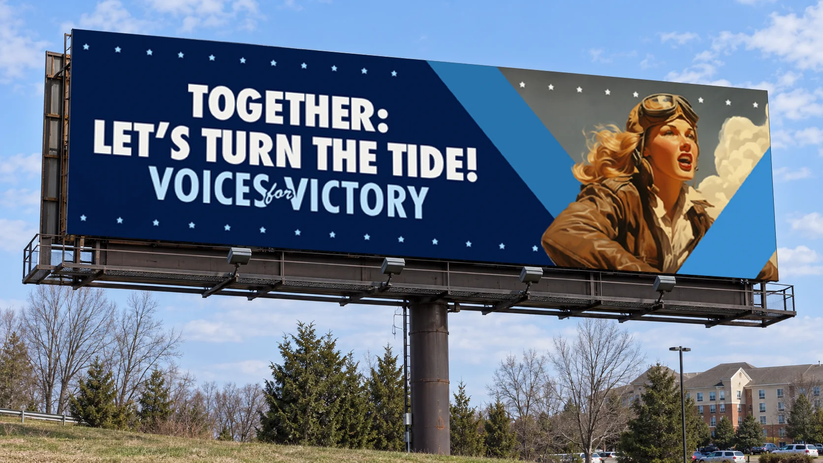 Roadside billboard carrying the 2024 design “Together: Let’s Turn the Tide!”: a pilot beside a light blue diagonal band on navy