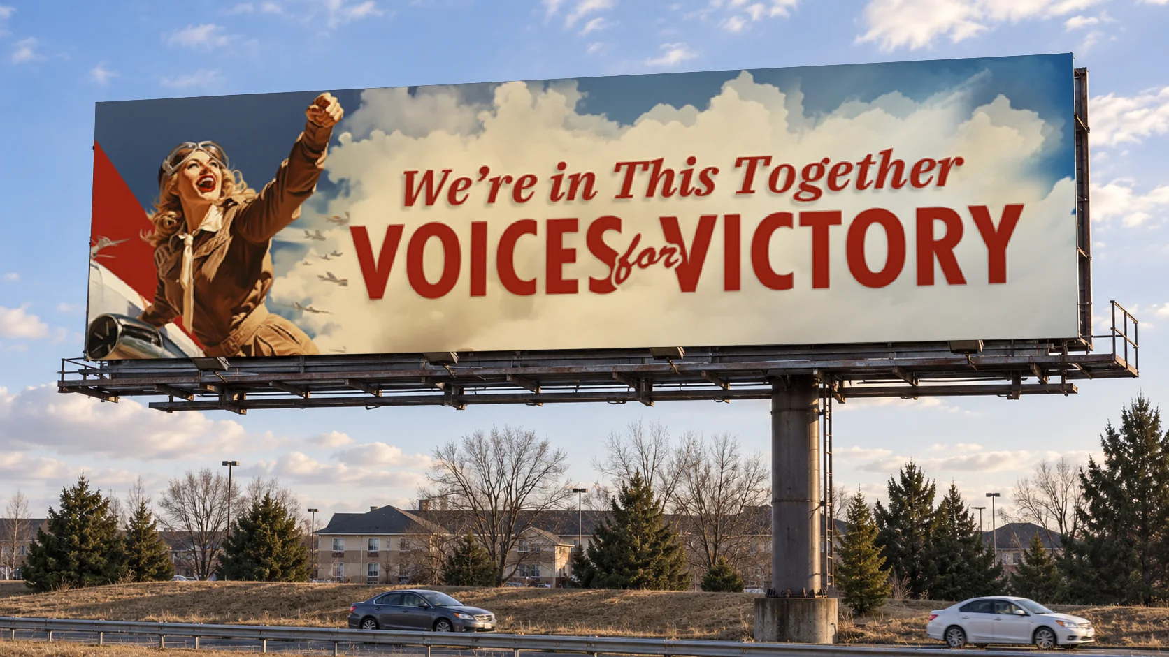 Roadside billboard carrying the 2024 design “We’re in This Together”: a pilot reaching up from the cockpit over a cloud bank