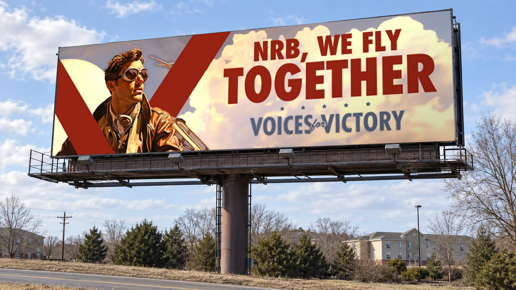 Roadside billboard carrying the 2024 Voices for Victory design “NRB, We Fly Together”: a painted pilot against crossed red stripes