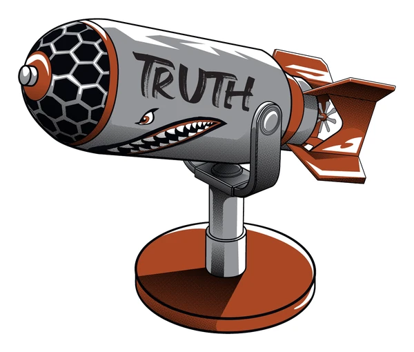 The Truthbomb graphic on a white artboard: a grey and rust microphone shaped like an aerial bomb, with shark teeth and the word TRUTH, grille facing left