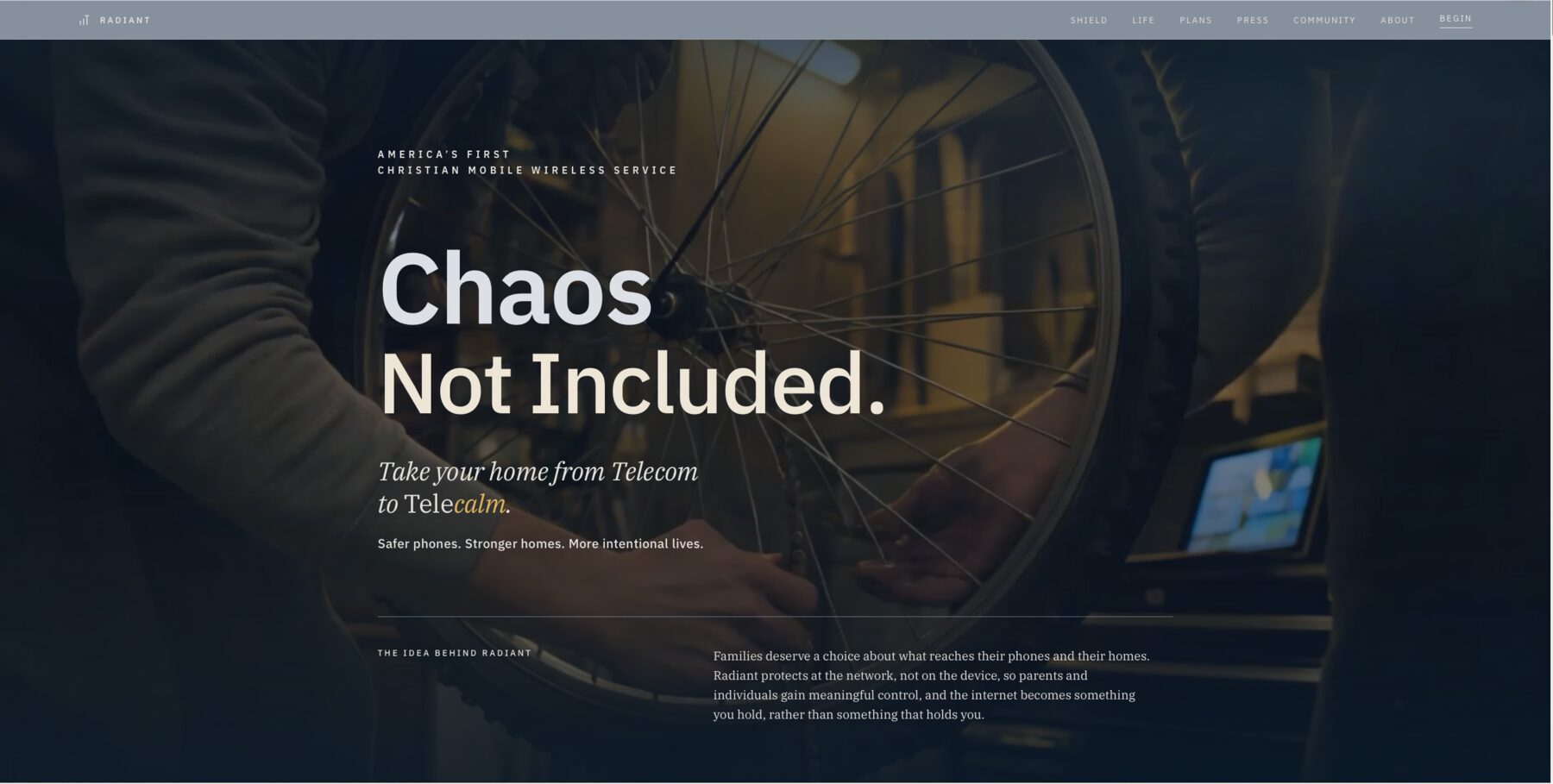 Radiant homepage: Chaos Not Included, one calm message and a single decision