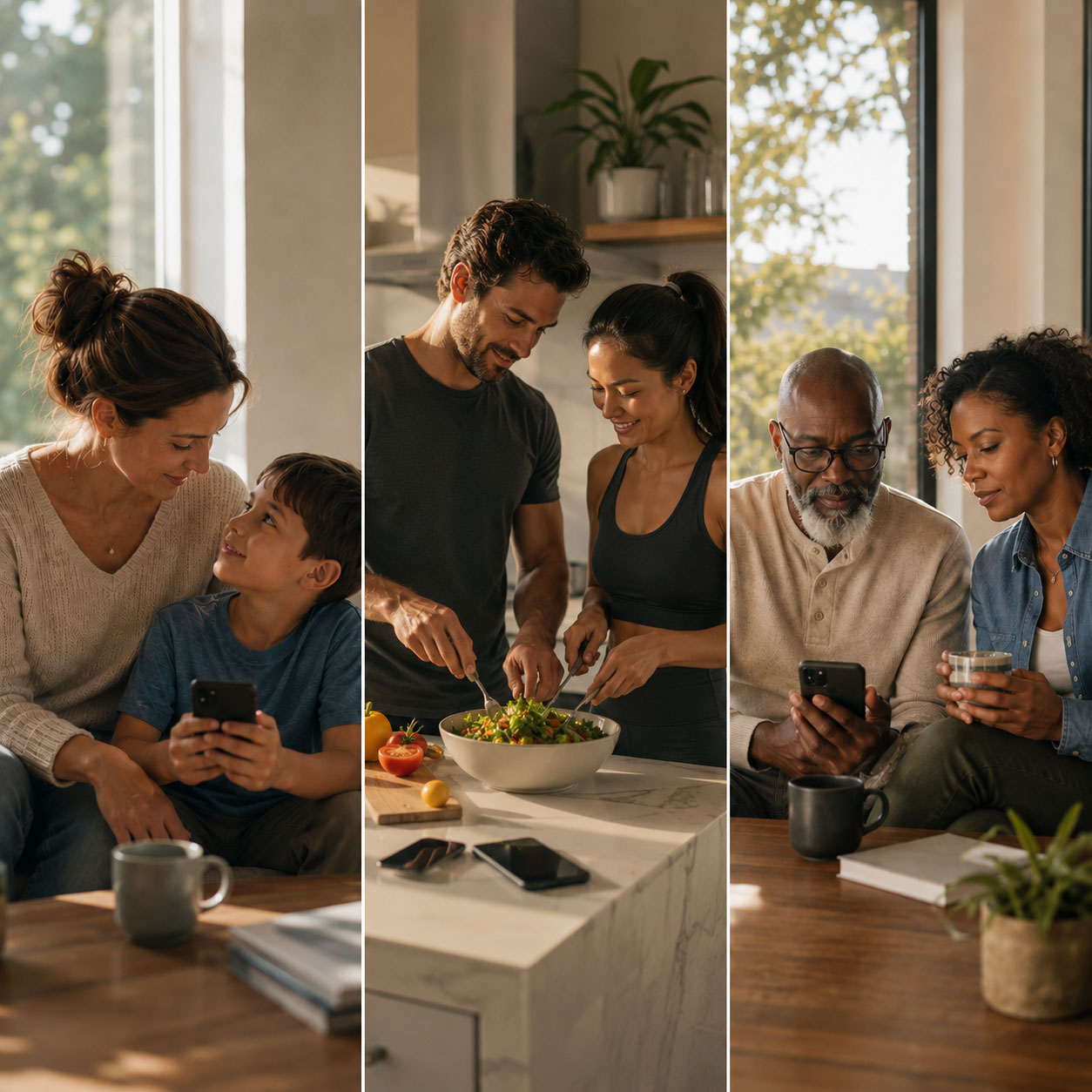 Three audiences for Radiant: proactive parents with a child, an intentional couple preparing food, and recovering adults reviewing a phone together