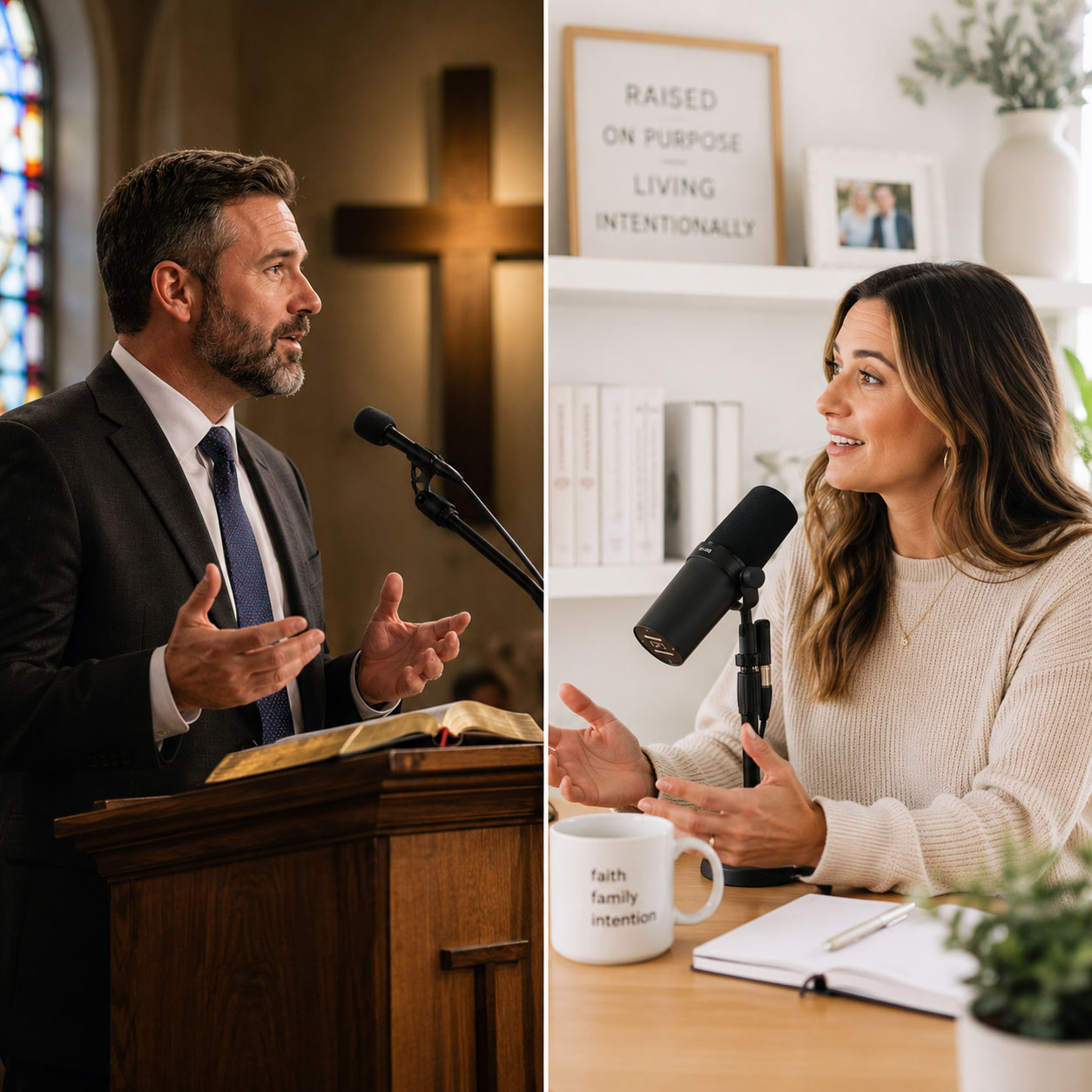 Two trust channels facing one another: a pastor preaching from the pulpit (institutional trust) and a values-oriented parenting podcaster speaking into a microphone at home (relational trust)