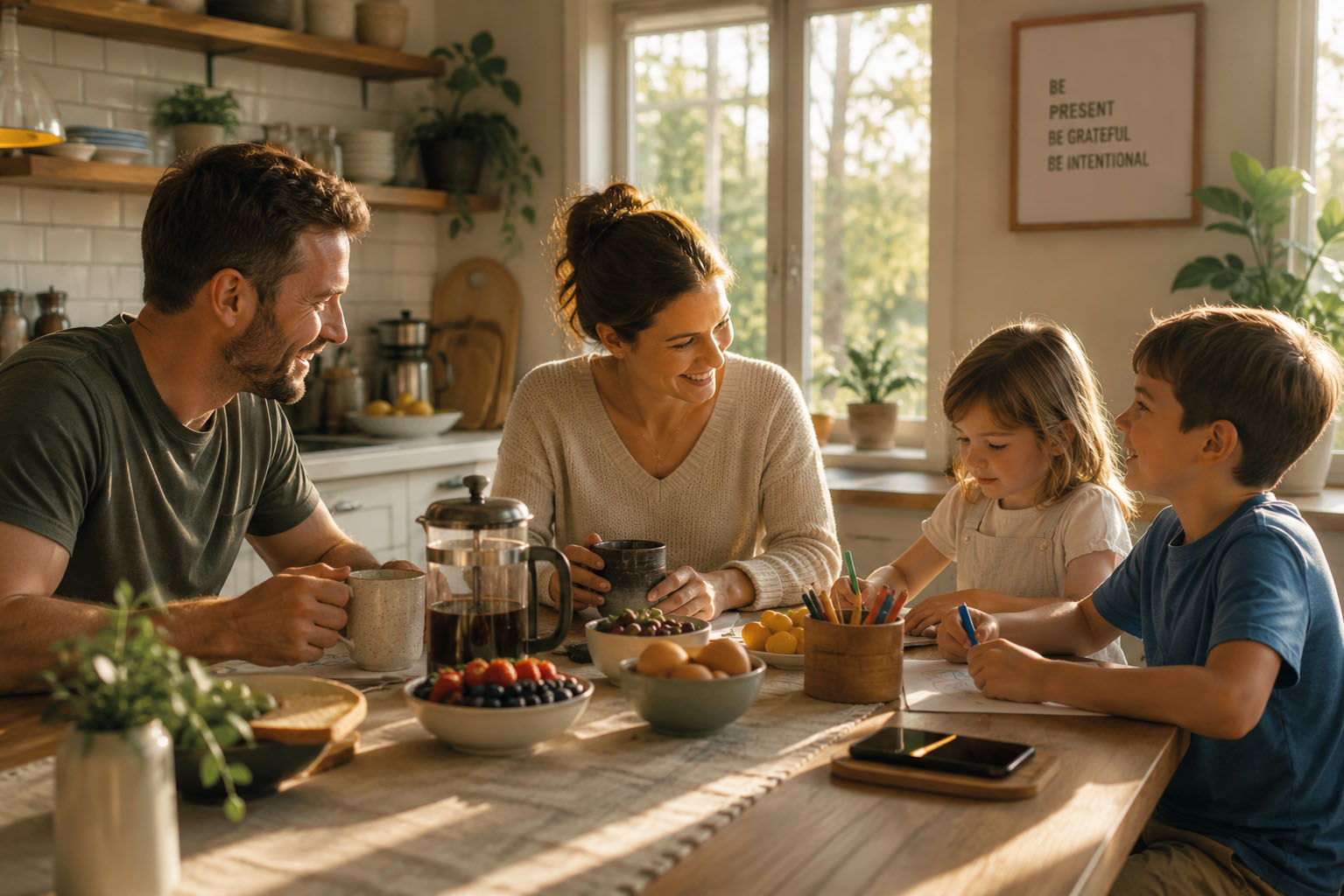 A family together at a sunlit breakfast table, children drawing, a phone resting unwatched on the table