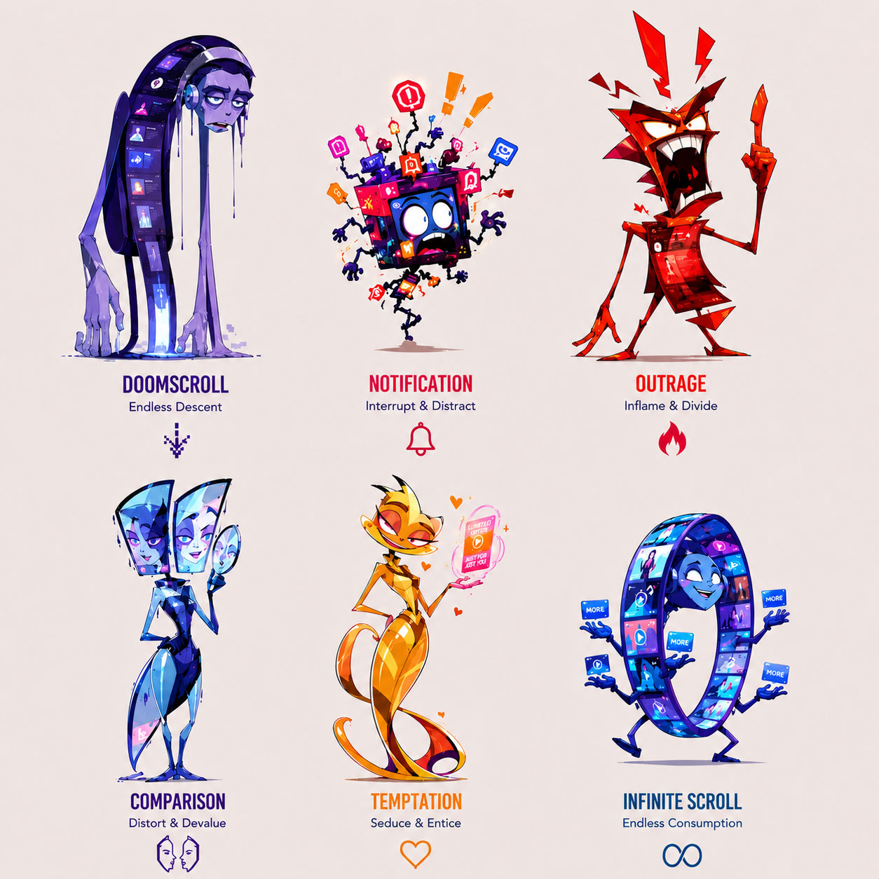 Six behavioral archetypes drawn as characters: Doomscroll, Notification, Outrage, Comparison, Temptation and Infinite Scroll, each labelled beneath