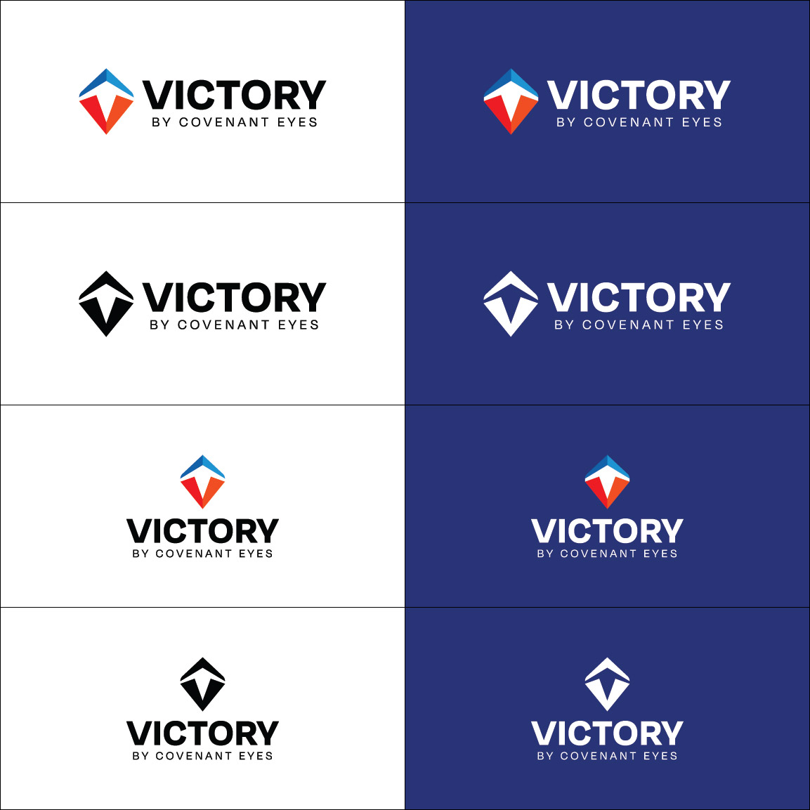 The complete Victory Journey identity family: primary lockup, horizontal and vertical lockups, icon and wordmark on a neutral field.