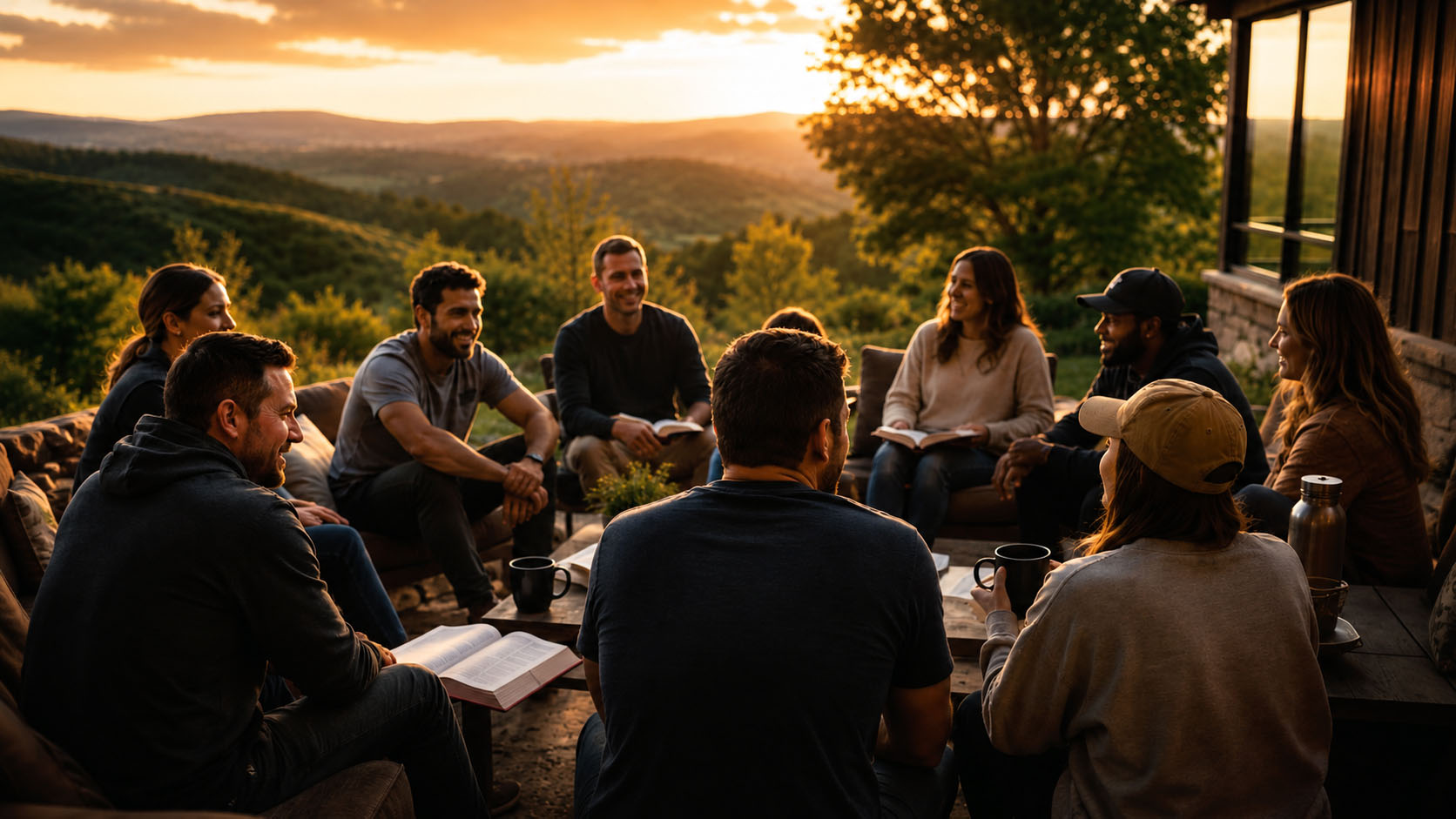 A group of men and women gathered together in conversation and fellowship, representing belonging, accountability and shared purpose.