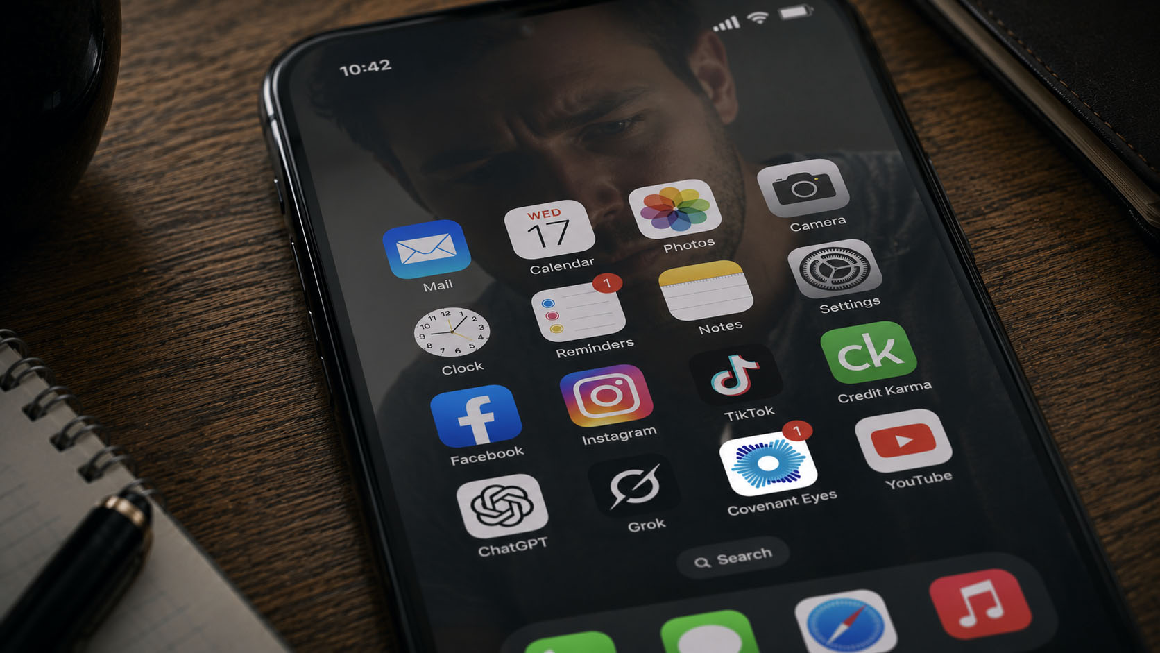 A man's subdued reflection overlaps the screen behind the Covenant Eyes icon: the product became inseparable from his identity, the thing he can't wait to quit.