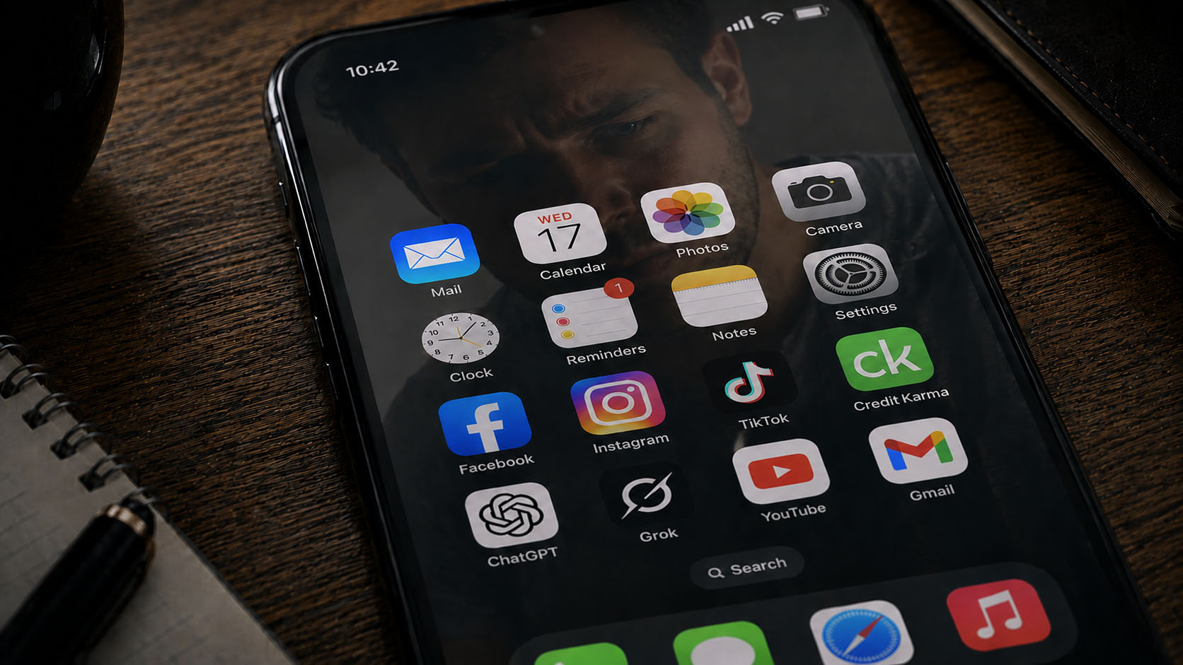 A discouraged face surfaces through the glass of a phone whose app icons stay clearly readable: the product has become something the customer quietly wants out of his life.