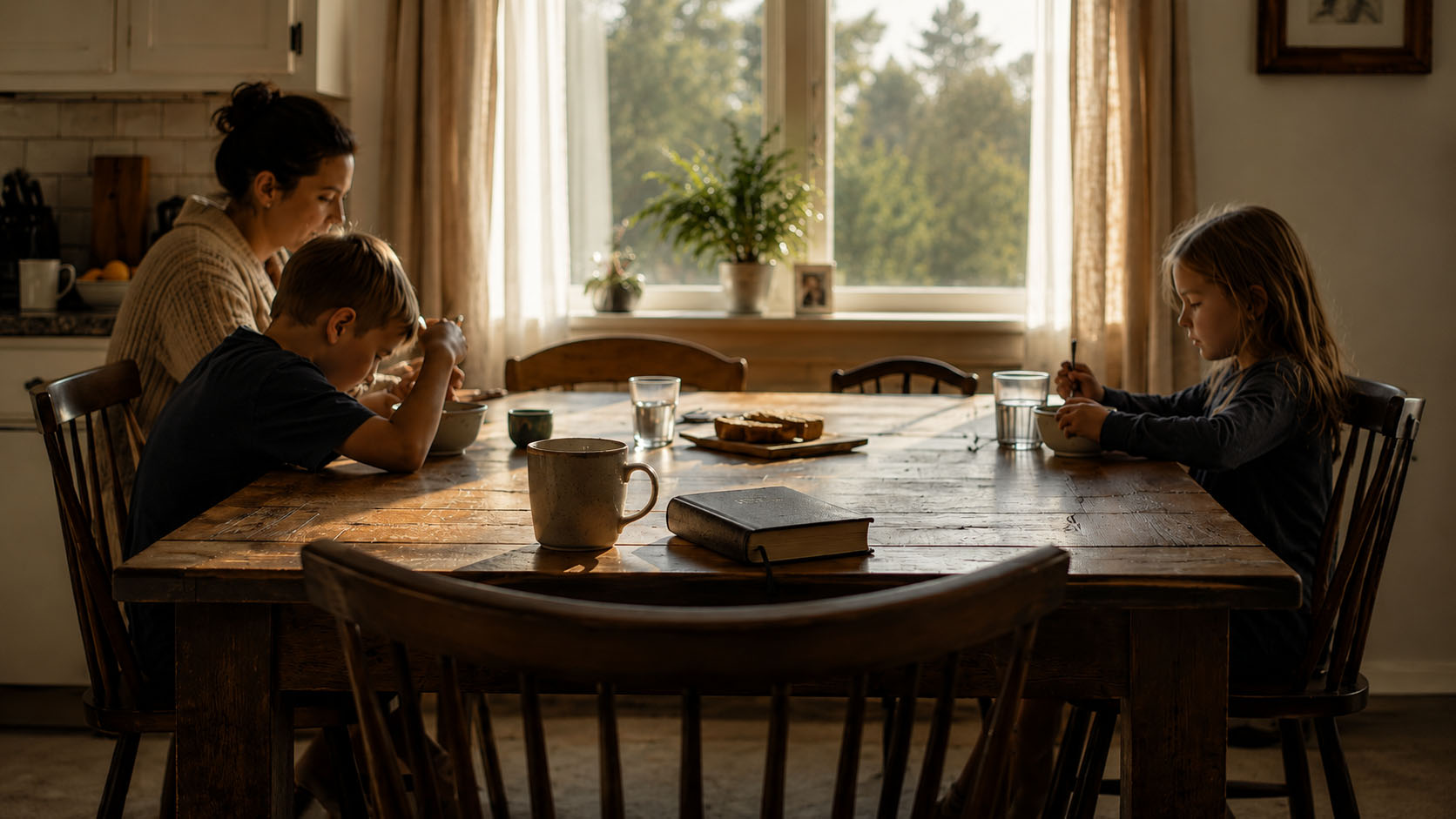 An ordinary breakfast table seen from a distance: the everyday family life that recovery was meant to restore, quietly present just beyond the person's reach.