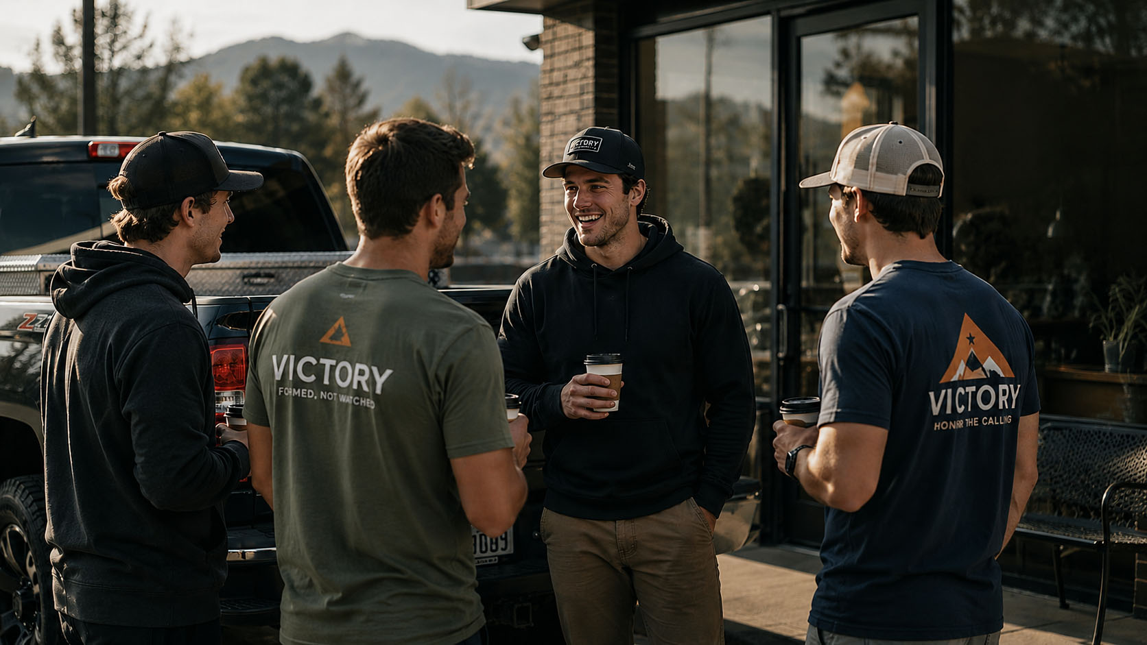 The brand as a signal of identity: young men in Victory apparel in ordinary conversation, the mark worn openly as a sign of belonging and shared aspiration rather than surveillance.