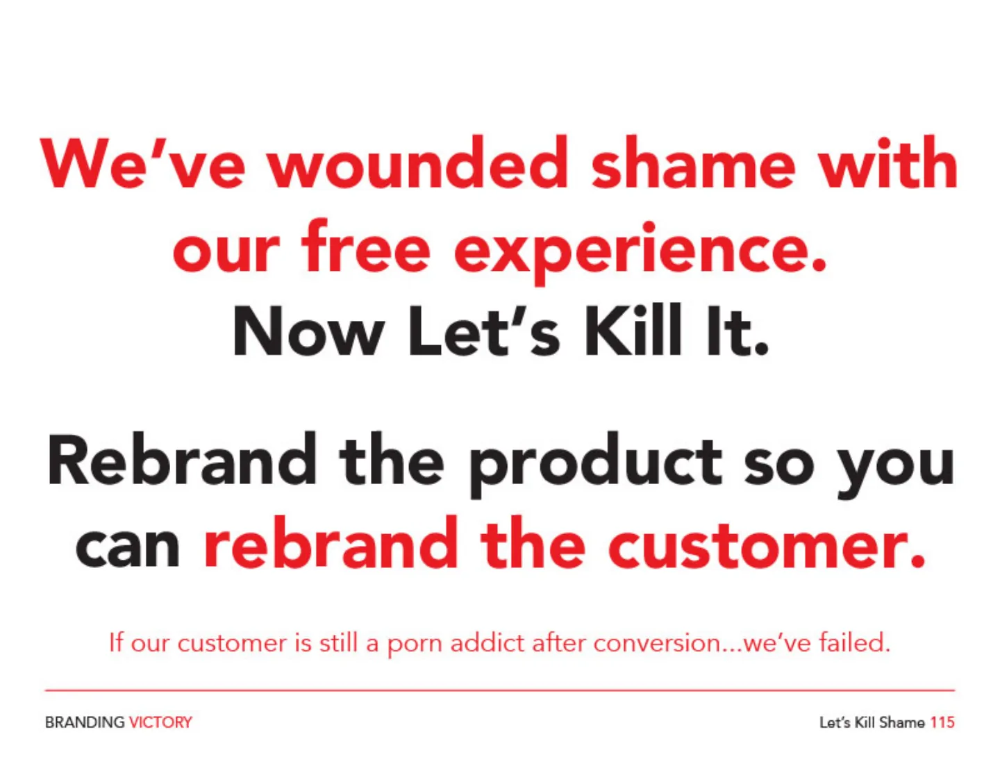 A page of the Branding Victory working book: We have wounded shame with our free experience. Now let us kill it. Rebrand the product so you can rebrand the customer.