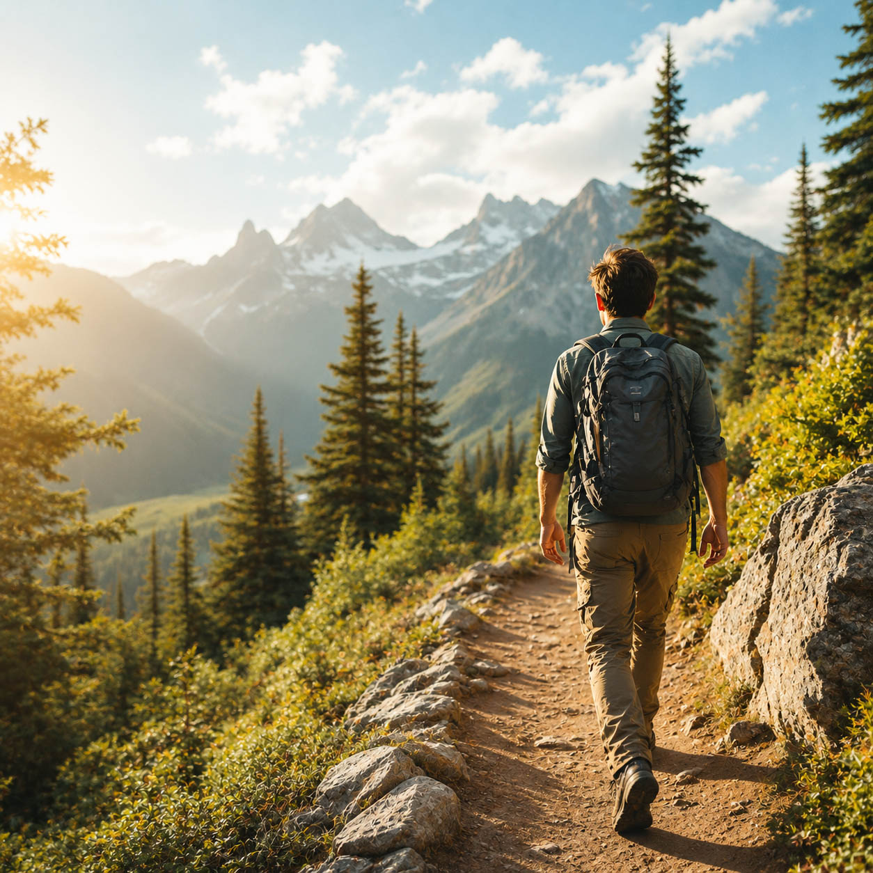 A hiker on a sunlit trail, stock-perfect and interchangeable.