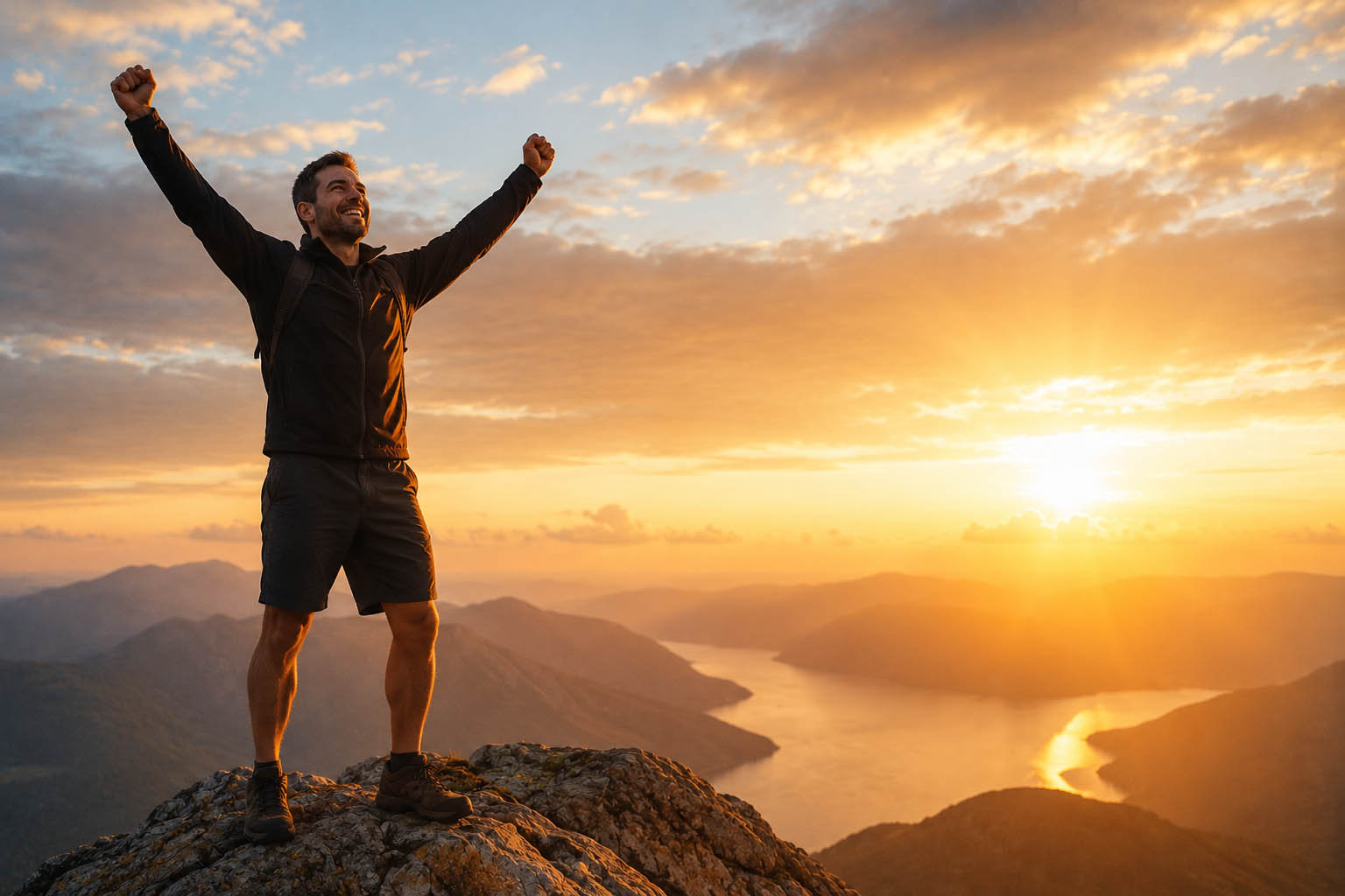 Arms raised on a sunrise summit: the fantasy of arrival.