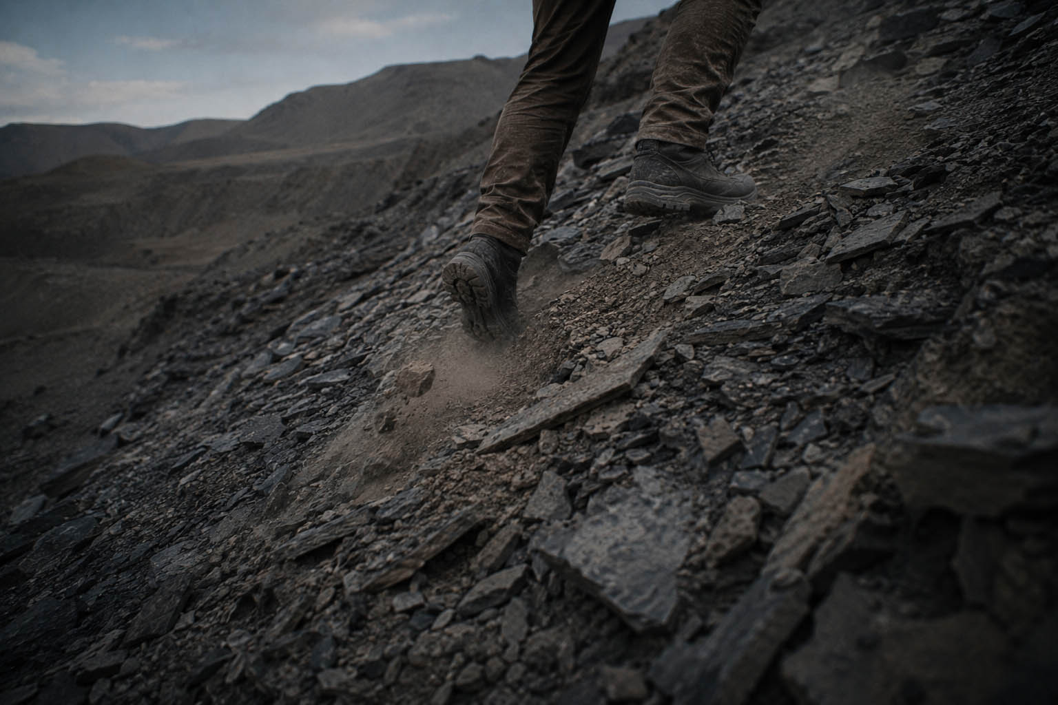 A broken, shifting grade of loose rock on a desert road