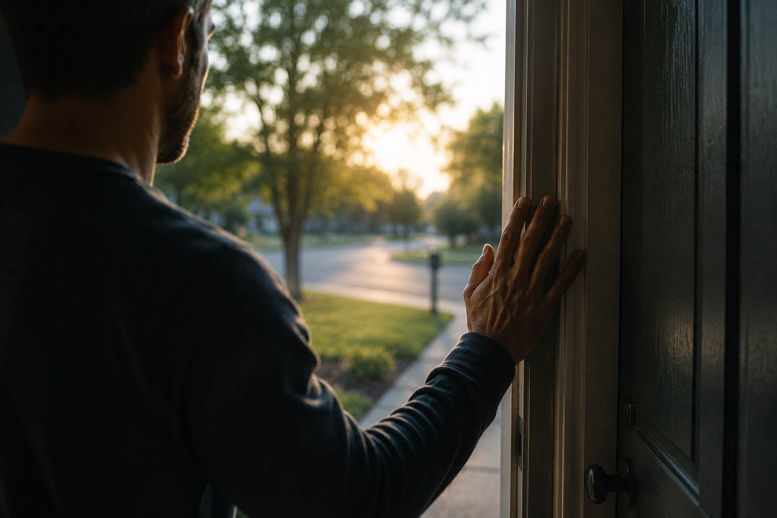 A hand on a doorframe, a man about to step through, choosing the door