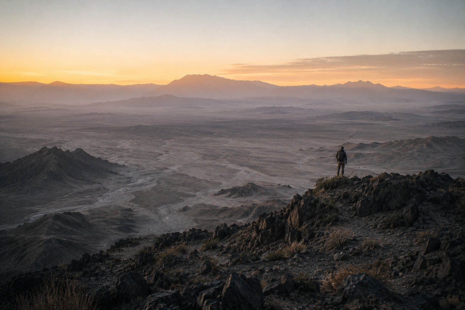 A far horizon opening beyond the desert road